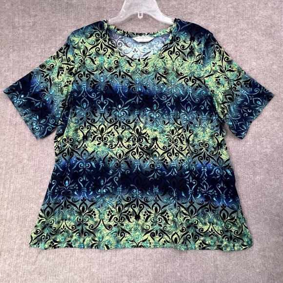 Allison Daley Top 2X Blue‎ Green Black Pattern Short Sleeve - Picture 1 of 6